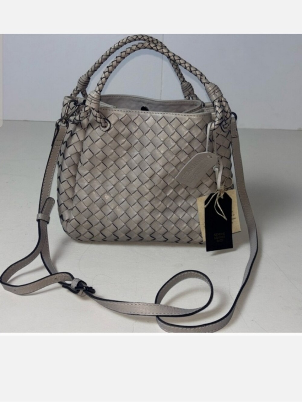 Woven Leather Crossbody Bag in Light Gray
